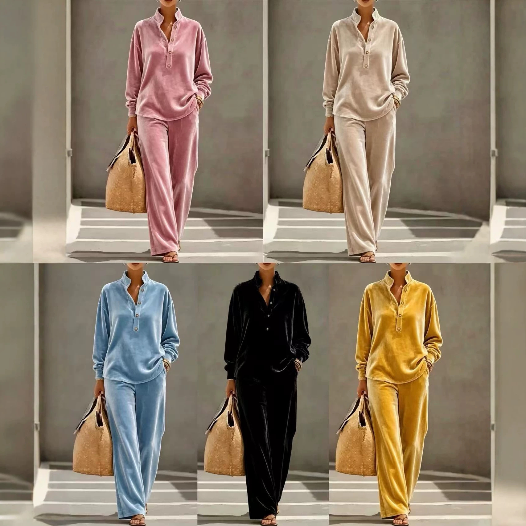 Women's Long Sleeve Button Two-Piece Pants Set Casual Solid Color