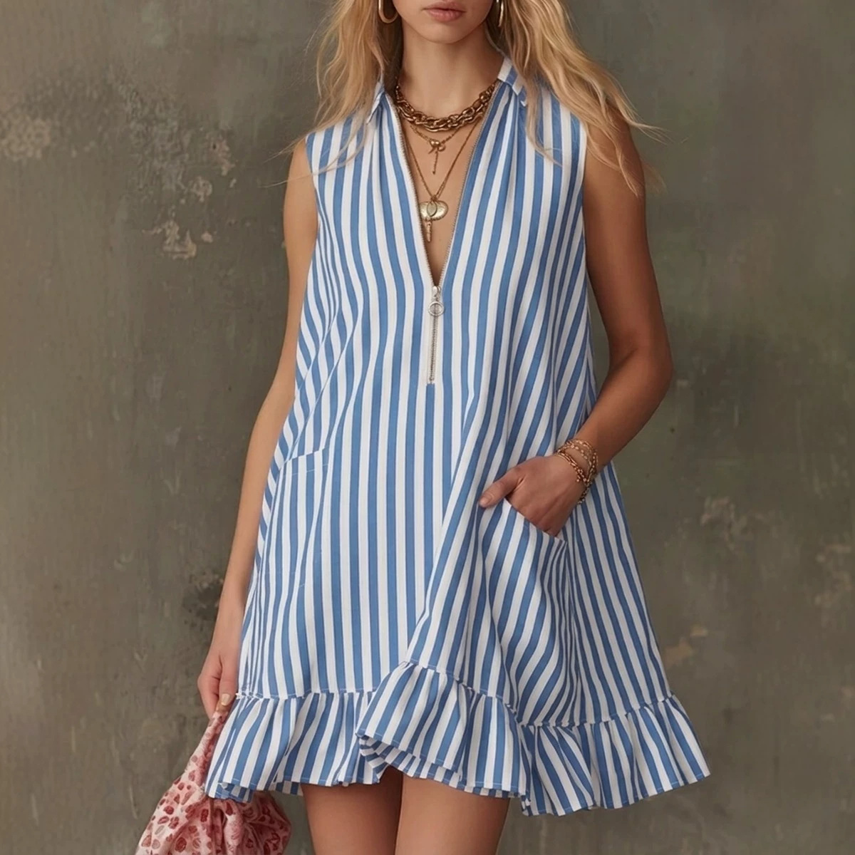Retro V-Neck Colorblock Striped Sleeveless Ruffle Mini Dress