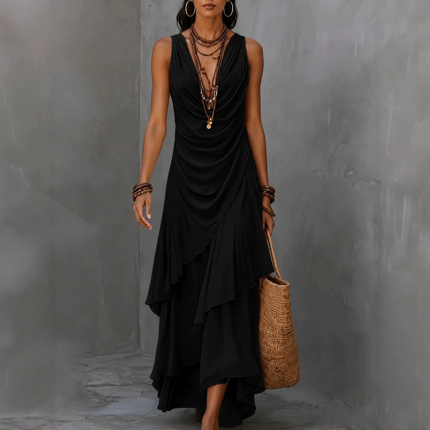 Sleeveless V-Neck Chiffon Dress with Ruffle Asymmetrical Hem