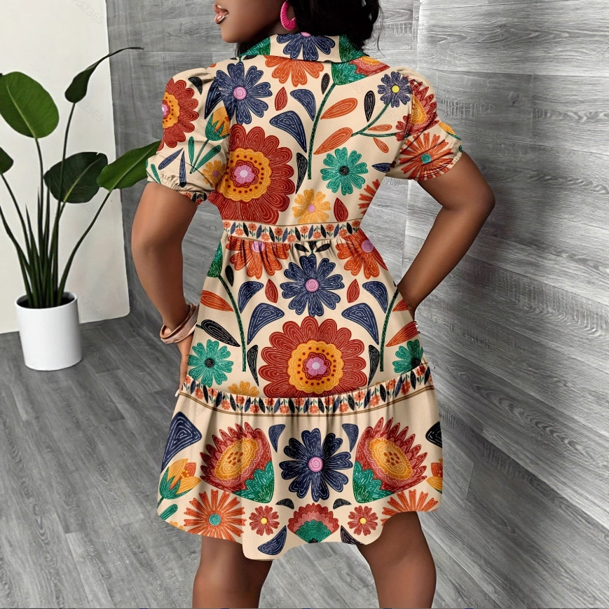 Women's Tropical Floral Print Mini Dress with Puff Sleeves