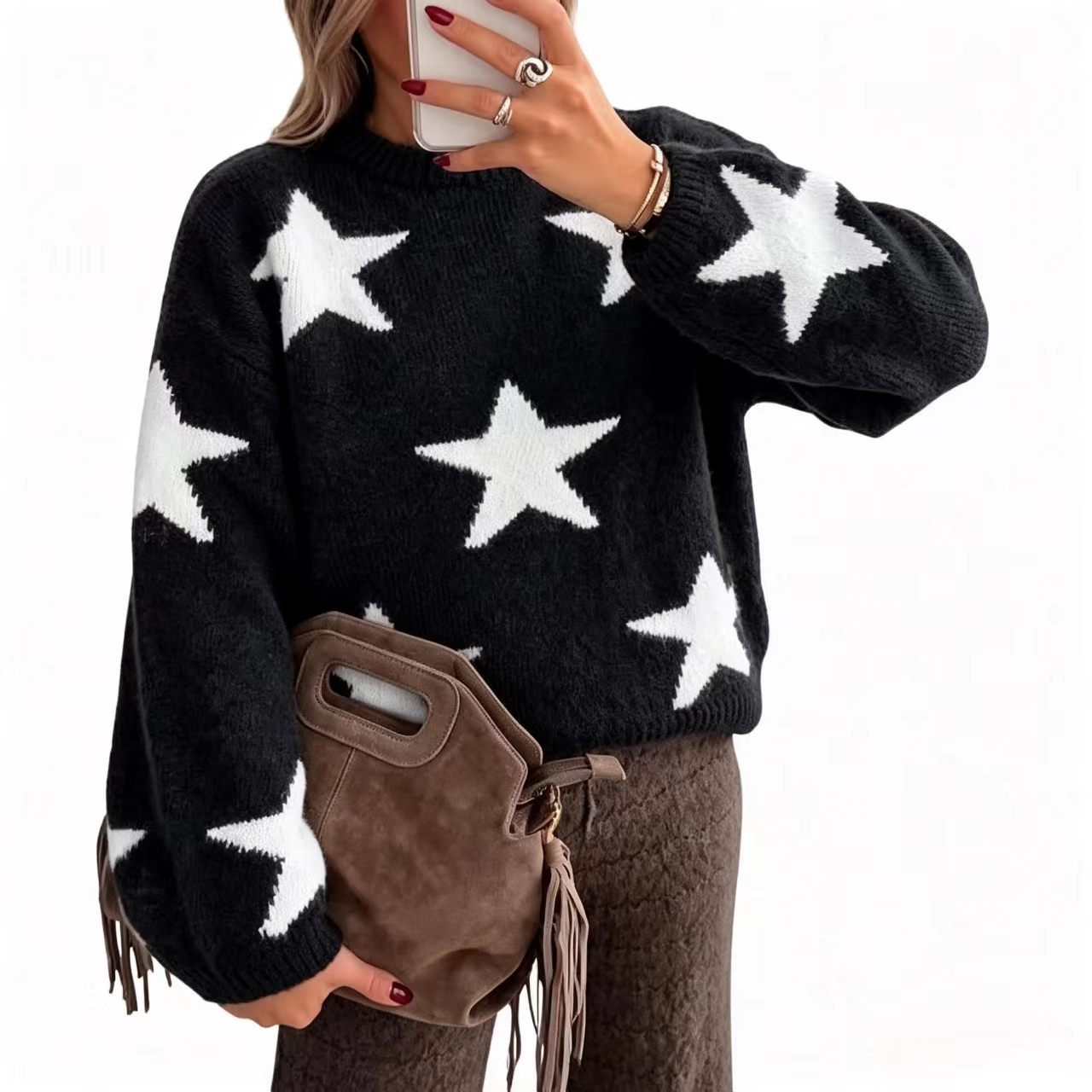 Women's Star Jacquard Drop Shoulder Lantern Sleeve Sweater