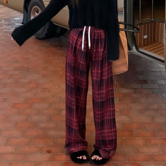 Retro Red Plaid High-Waist Straight-Leg Pants for Women