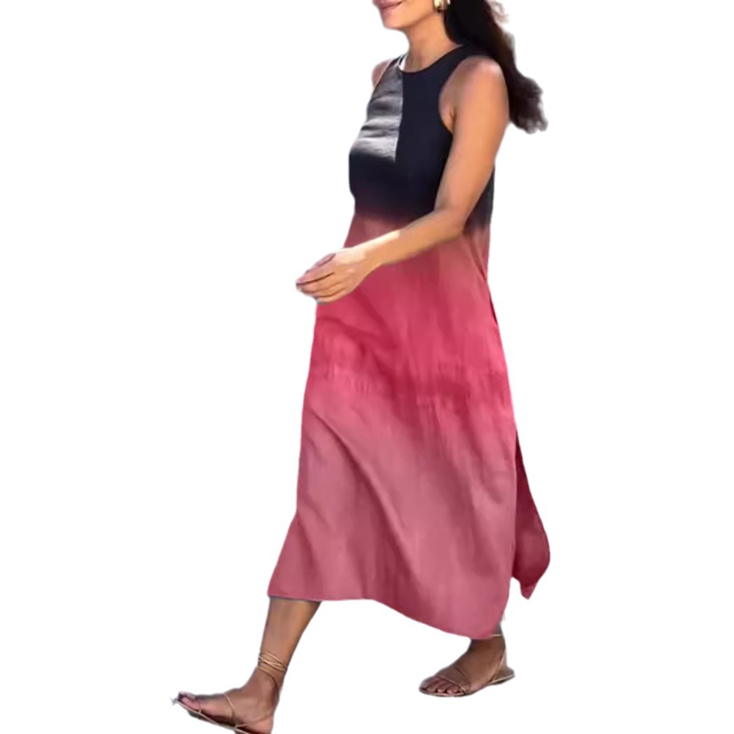 Women's Sleeveless Colorblock Print Round Neck Loose Dress
