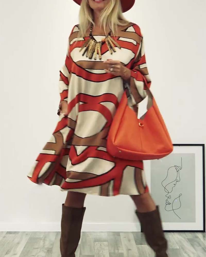 Women's Round Neck Long Sleeve Printed Midi Dress
