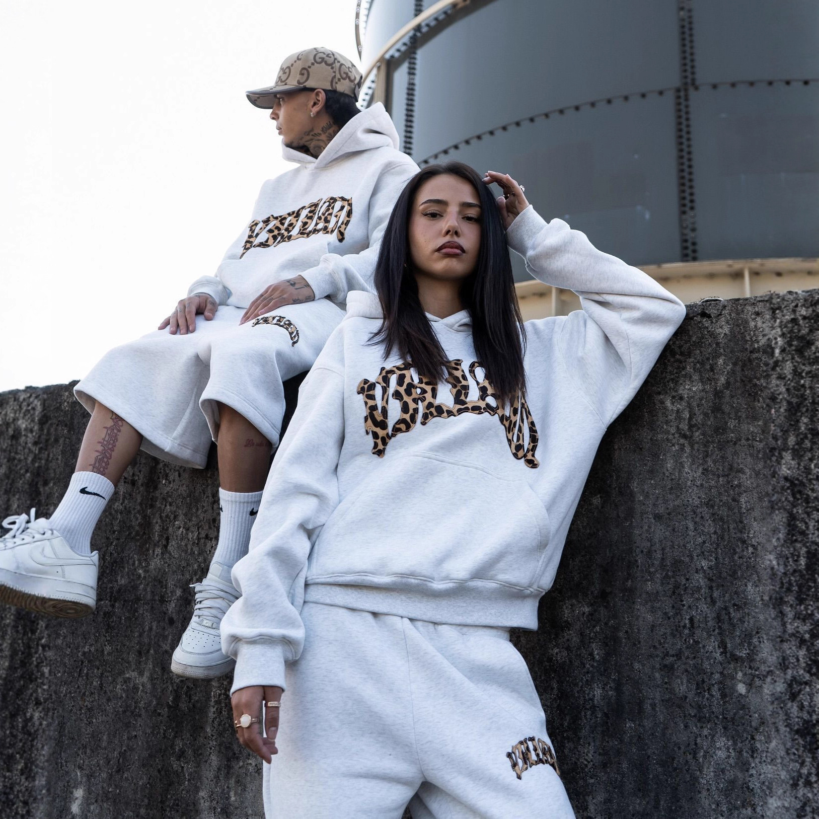 Unisex Leopard Print Embroidered Hoodie Set with Lined Hood