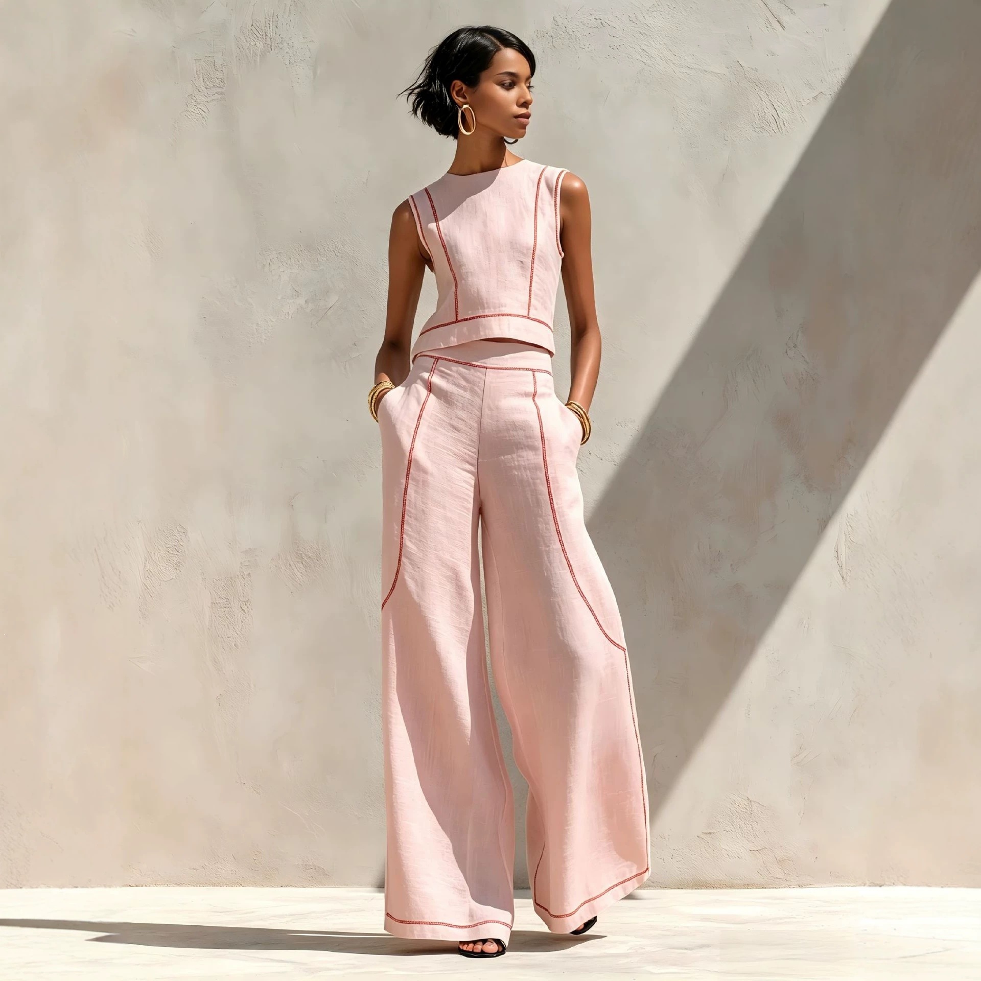 Women's Sleeveless Colorblock Wide-Leg Pants Set Casual Two-Piece