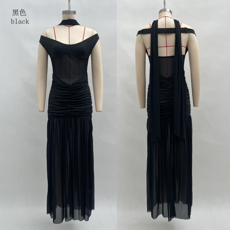 Women's Strapless Mesh Panel Ruched Slit Long Dress