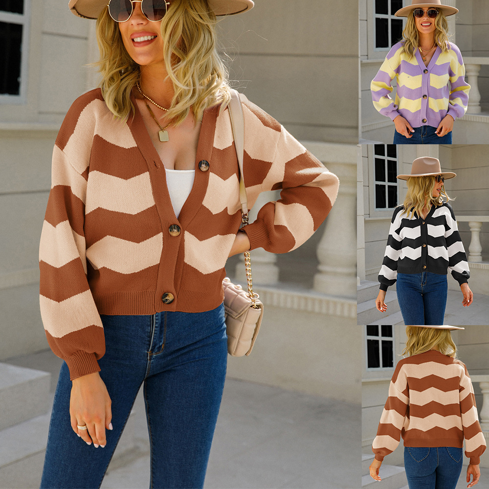 V-Neck Cropped Knit Cardigan with Spliced Design