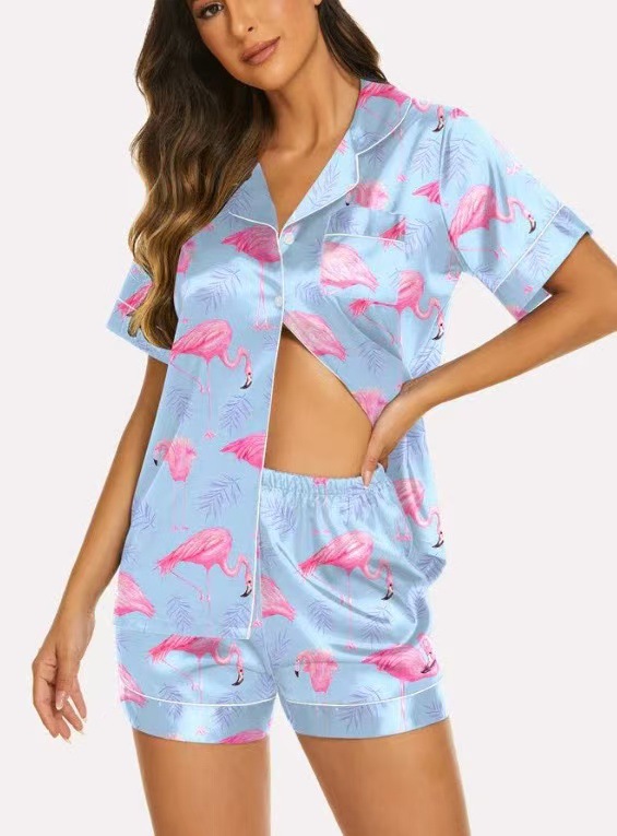 Women's Cuban Collar Bow Flamingo Heart Print Short Sleeve Set