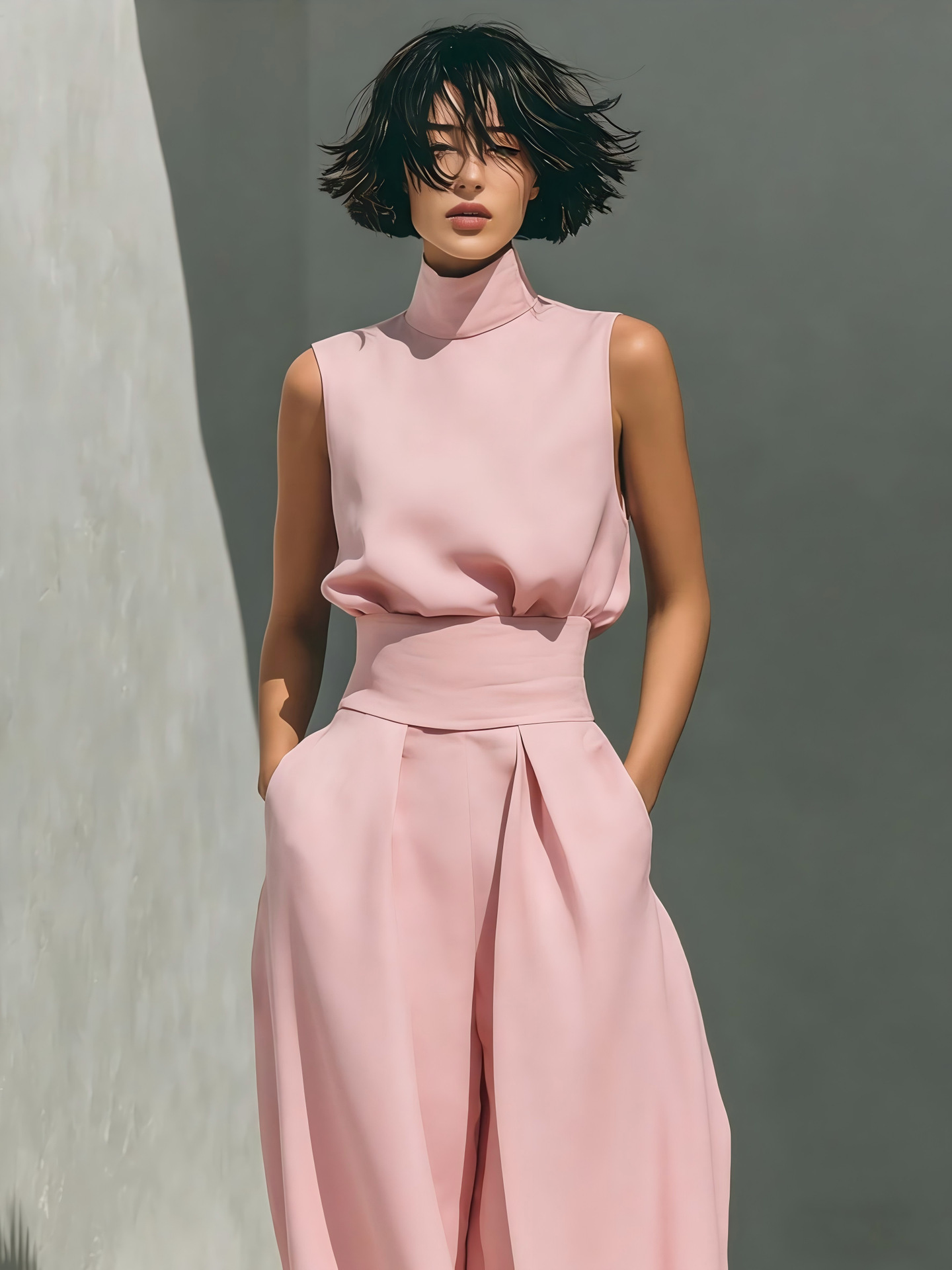 Women's Sleeveless Cotton-Blend Top & Wide-Leg Pants Set