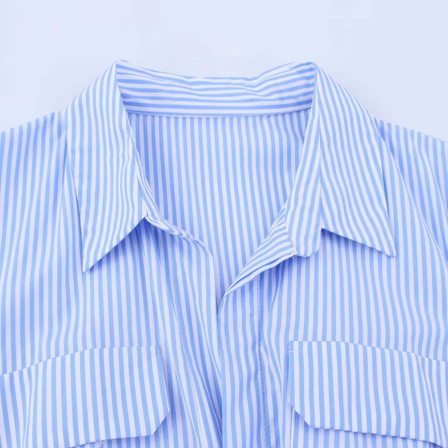 Women's Poplin Shirt Dress with Blue Stripes, Short Sleeve, High Waist A-Line