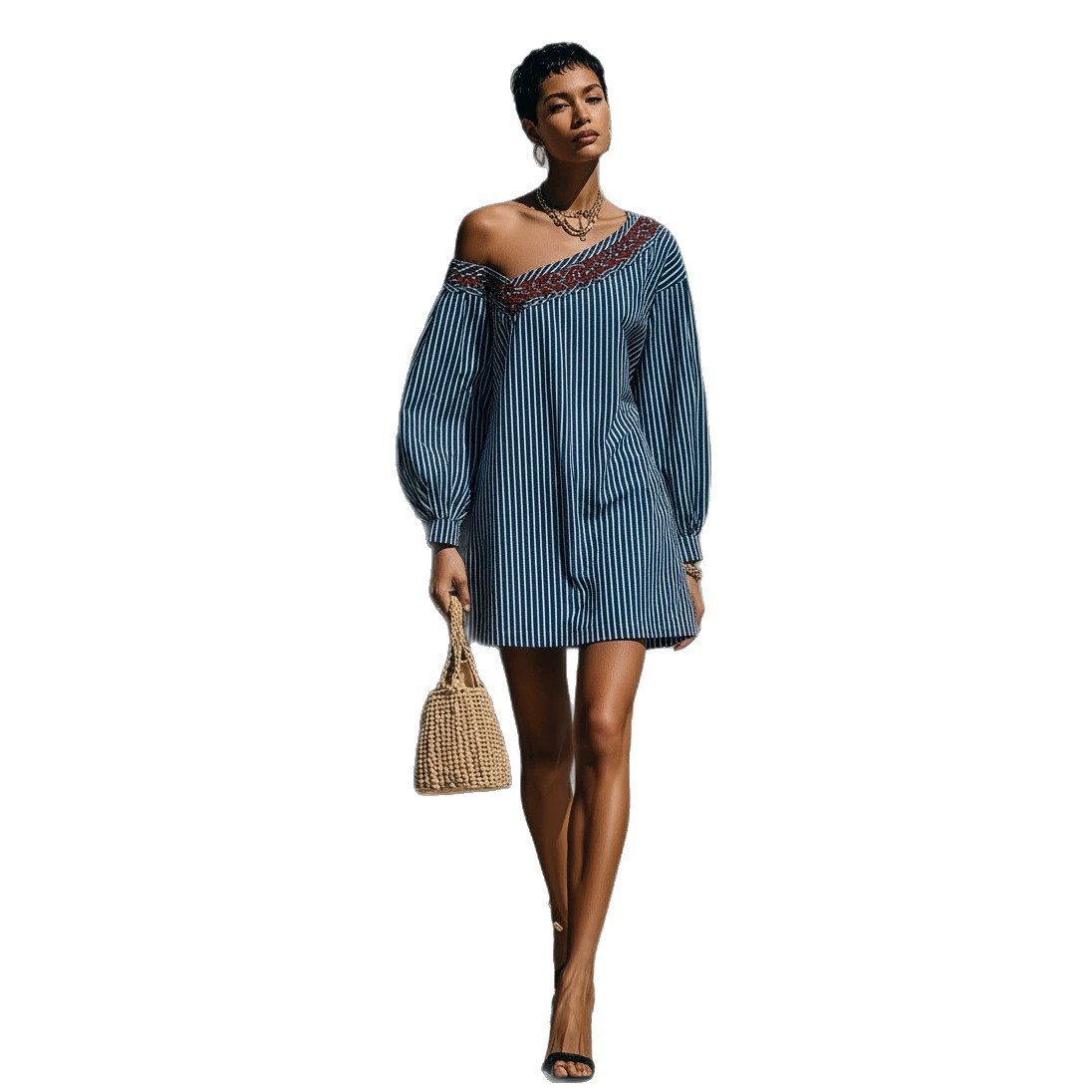 Striped One-Shoulder Long-Sleeve Embroidered Mini Dress