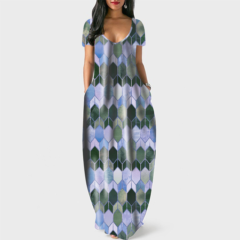 Women's Round Neck Short Sleeve Pocket Geometric Print A-Line Midi Dress