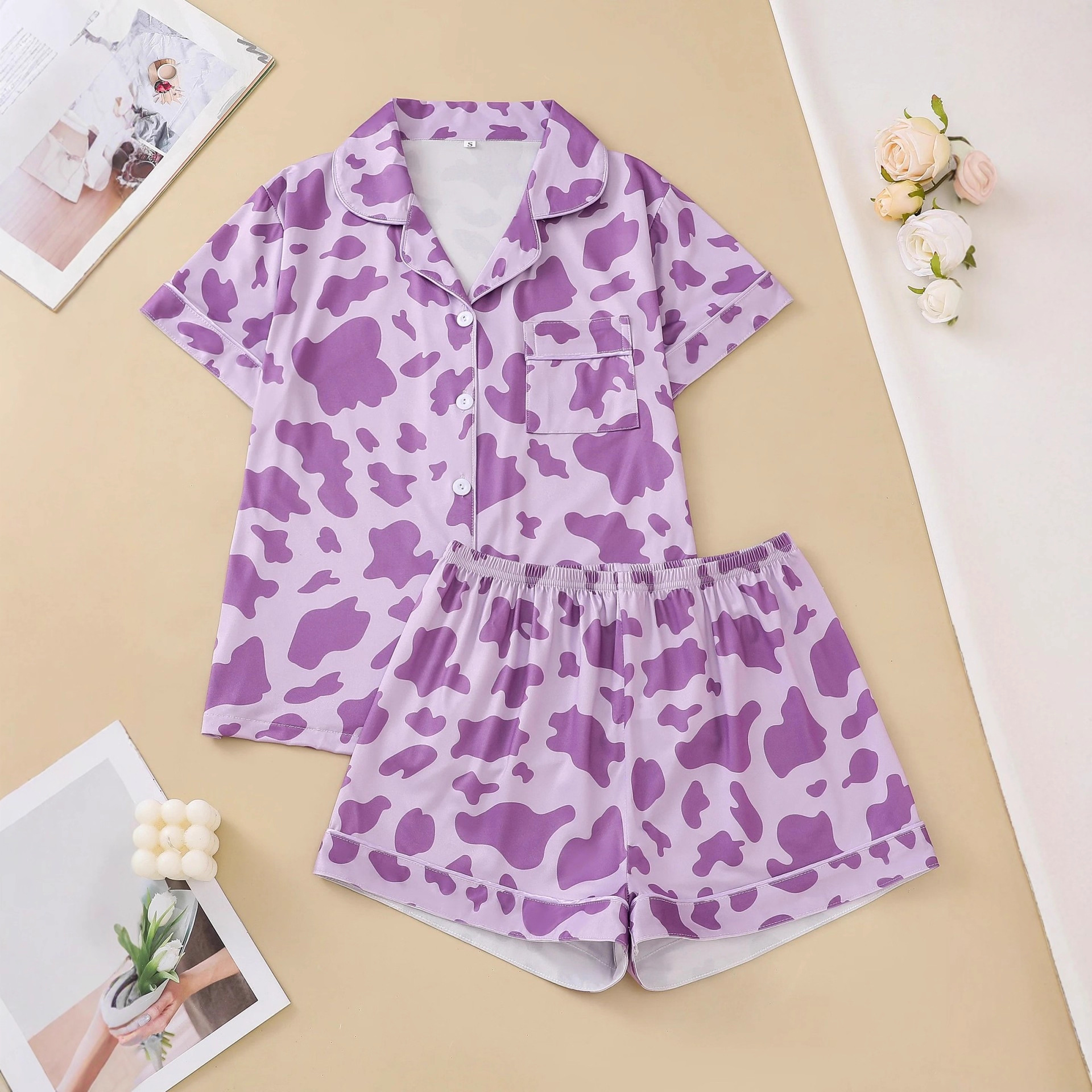 Women's Cuban Collar Polka Dot Short Sleeve Shirt Set Casual Loungewear