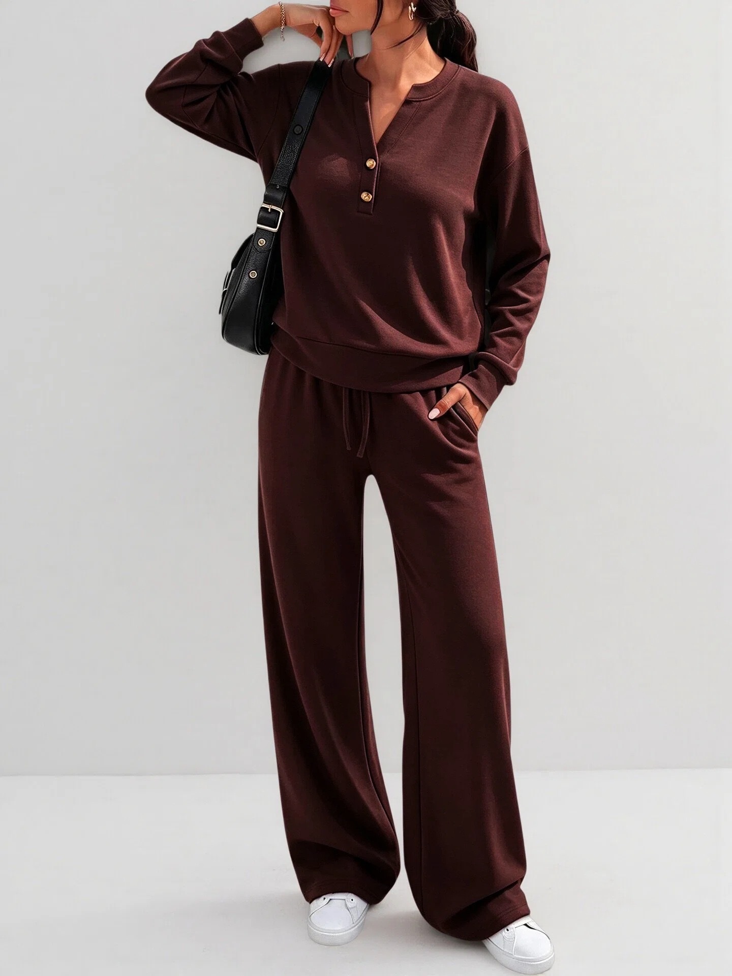Women's Casual Two-Piece Set Long Sleeve Top & Wide-Leg Pants