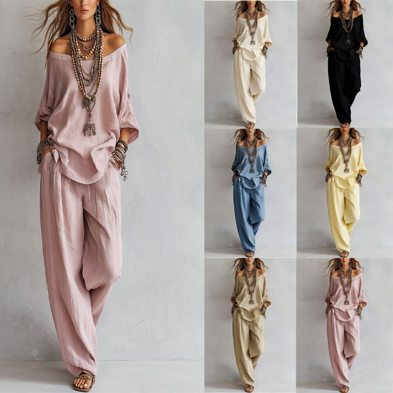Women's Casual Linen-Blend 3/4 Sleeve Top and Wide-Leg Pants Set