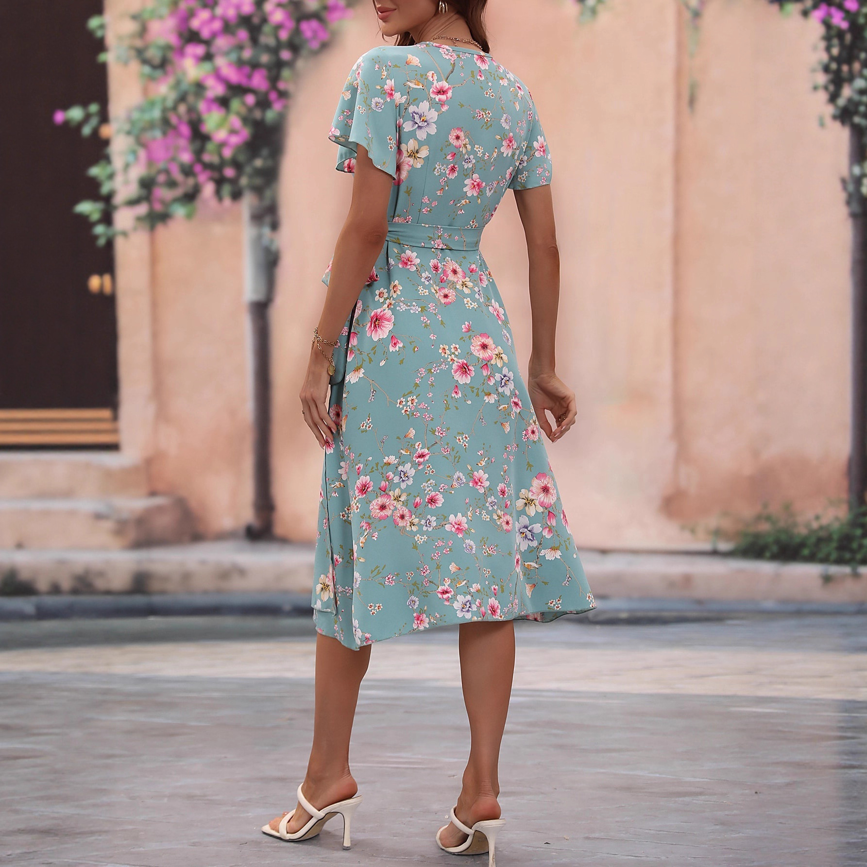 Women's V-Neck Waist-Cinching Floral Chiffon Midi Dress