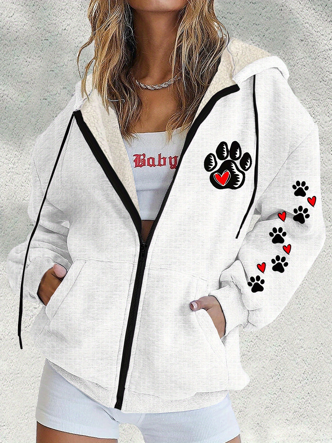Women's Paw Print Heart Zip-Up Hoodie Long Sleeve Crew Neck
