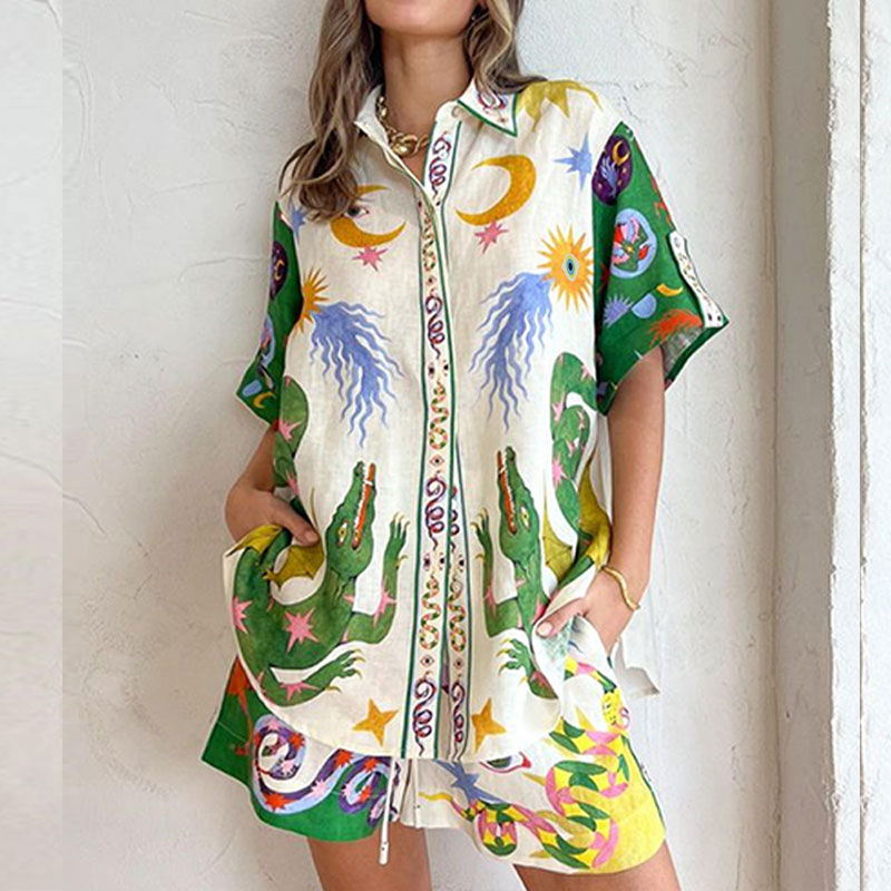 Women's Printed Tie-Front Shirt and Shorts Set Casual Vacation Outfit