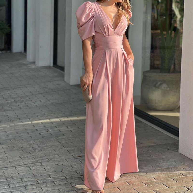 Women's Solid Color Slim Fit Short Sleeve Wide Leg Jumpsuit