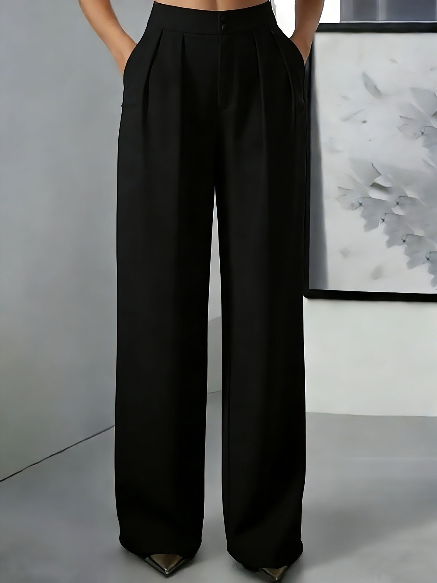 Women's High Waist Straight Leg Tailored Pants with Elastic Waist