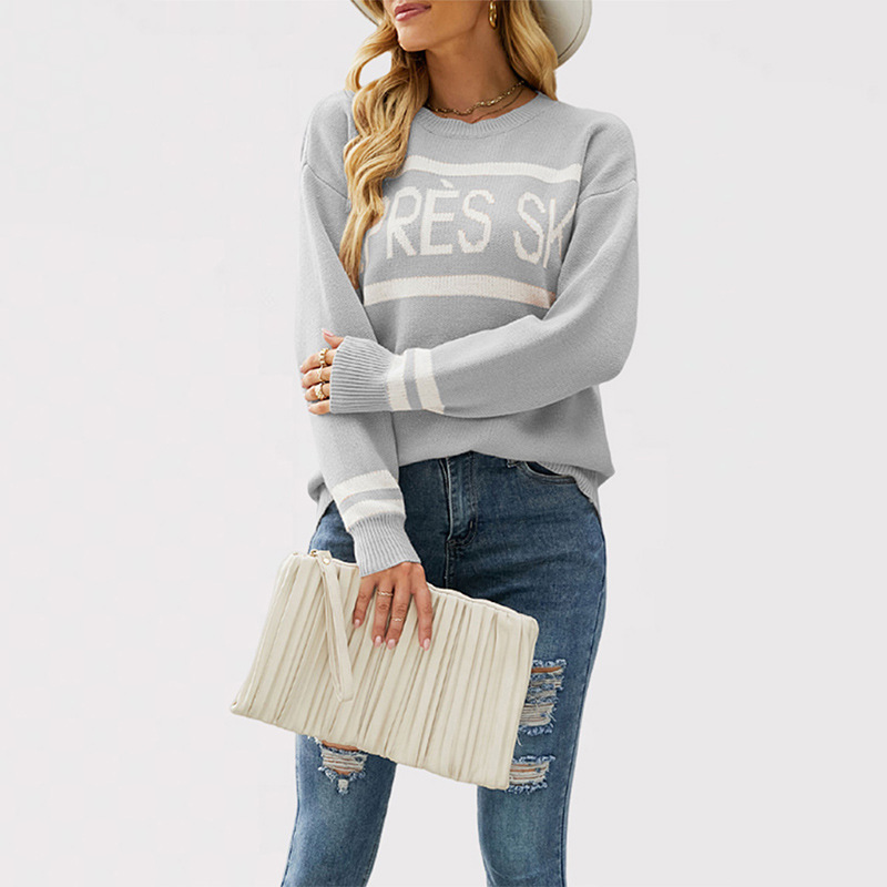 Letter Jacquard Crewneck Pullover Sweater