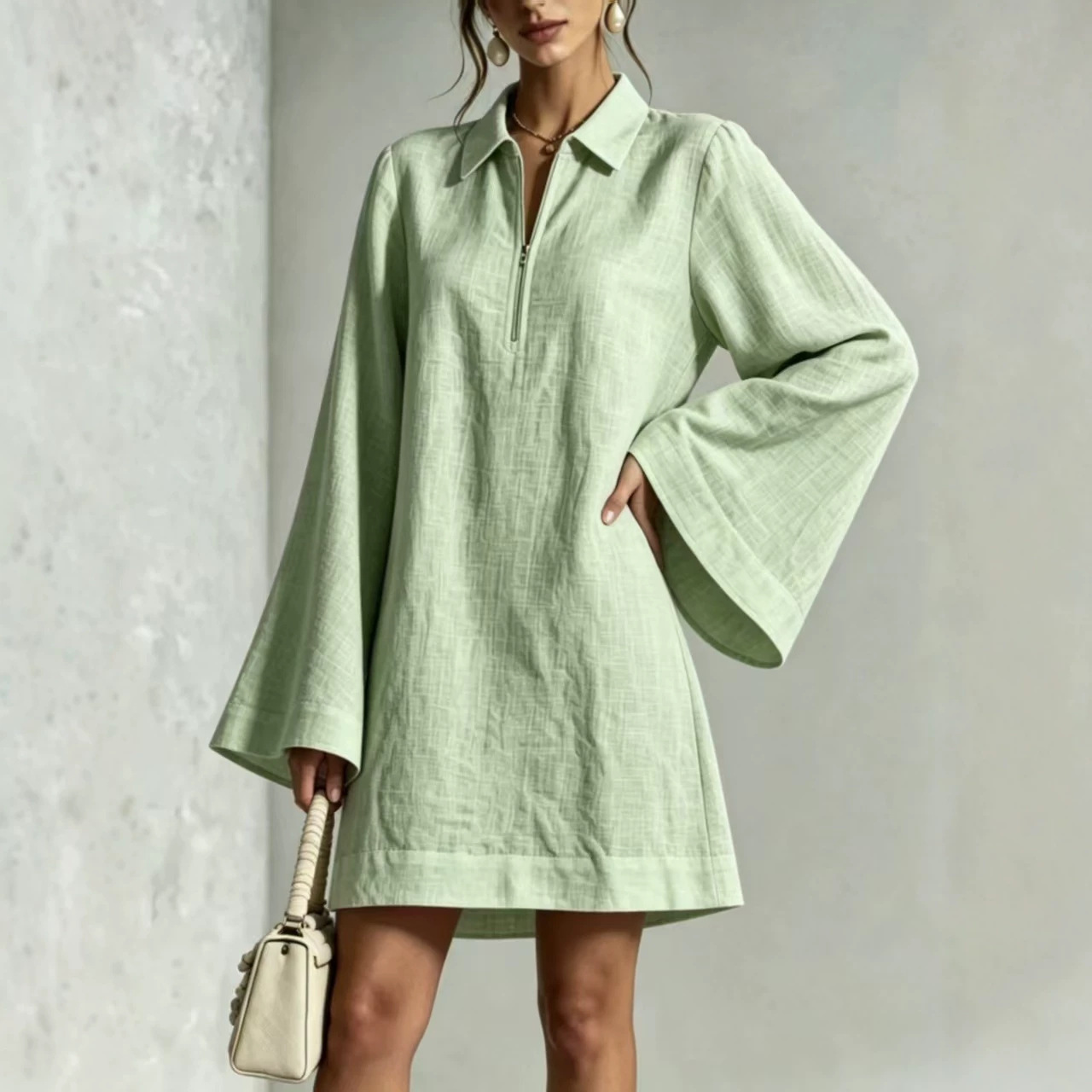 Solid Color Half-Zip Loose Long-Sleeve Casual Dress