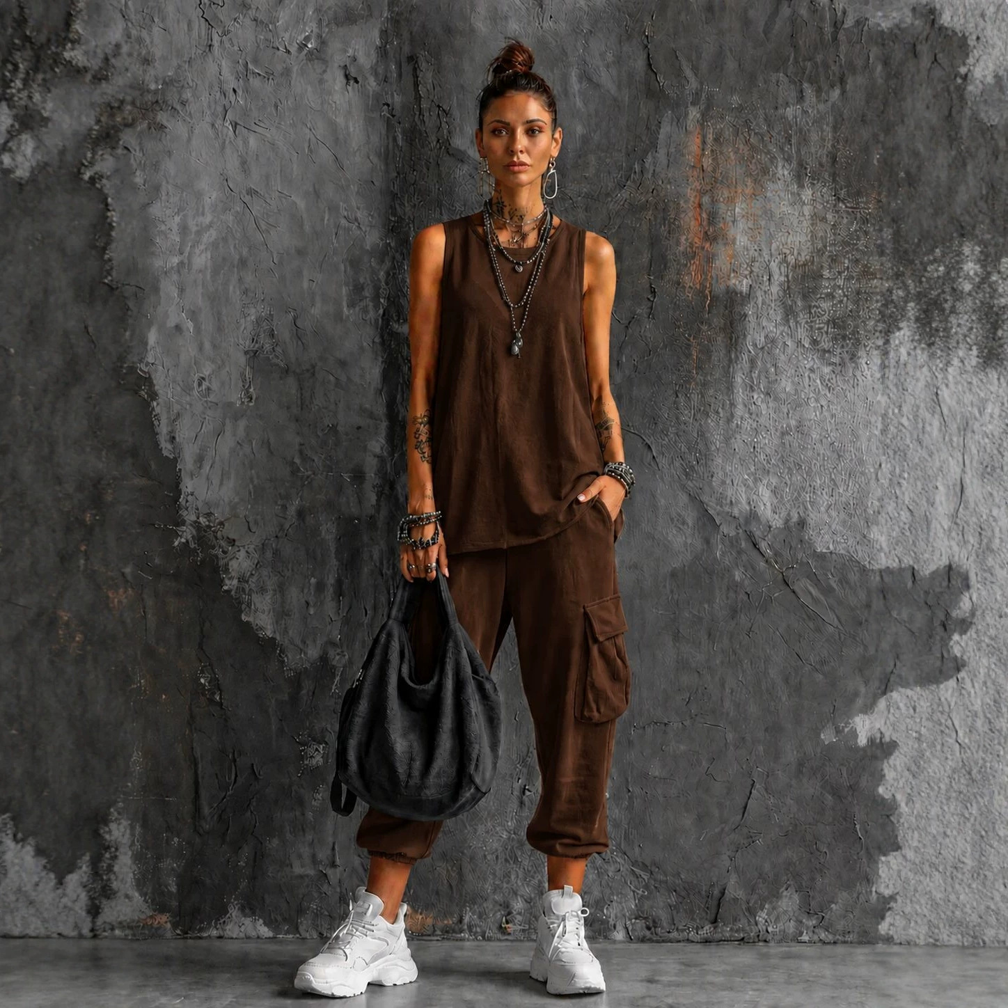 Boho Sleeveless Tank Top and Cropped Pants Two-Piece Set