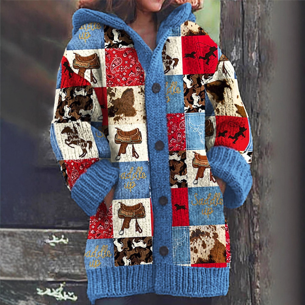 Women's Vintage Animal Print Hooded Button Cardigan