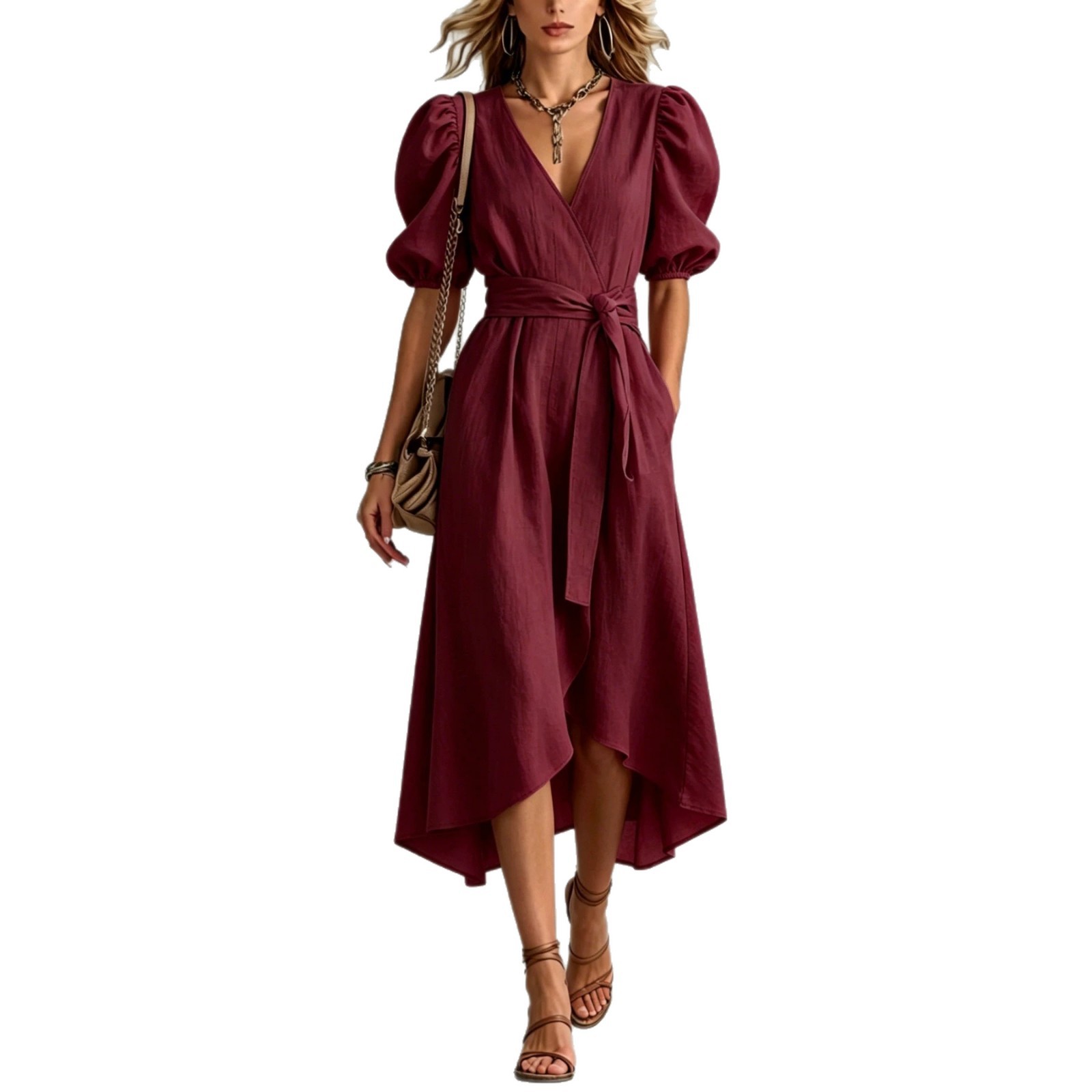 V-Neck Tie-Waist Asymmetrical Midi Dress
