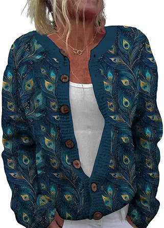 Women's Floral Leopard Snowflake Leaf Print Button Cardigan Sweater