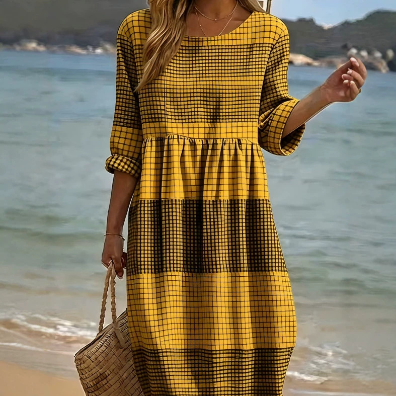 Women's Solid Plaid Print Ruched Midi Dress