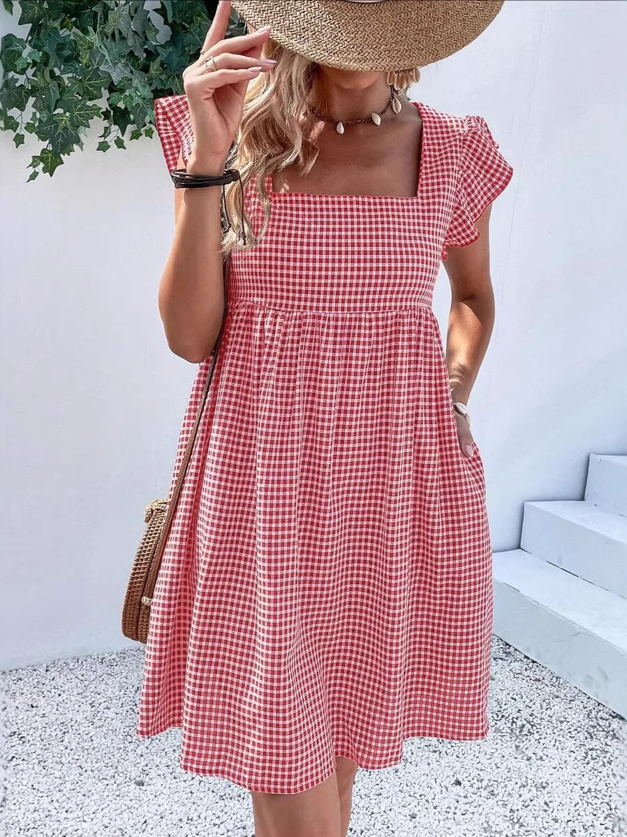 Ruffle Sleeve Square Neck Plaid High Waist Dress