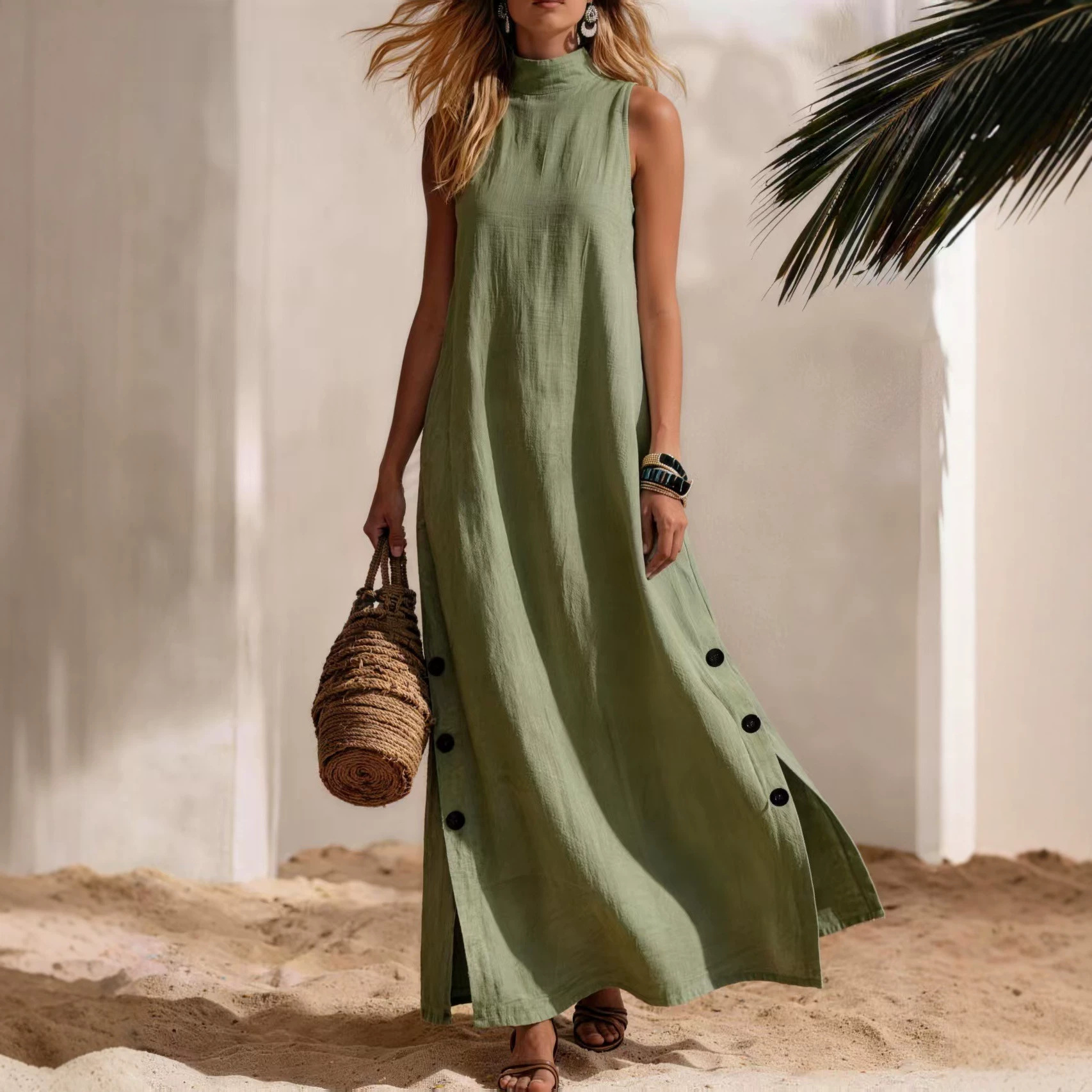 Women's Cotton Linen Short Sleeve Sleeveless Side Slit Midi Dress