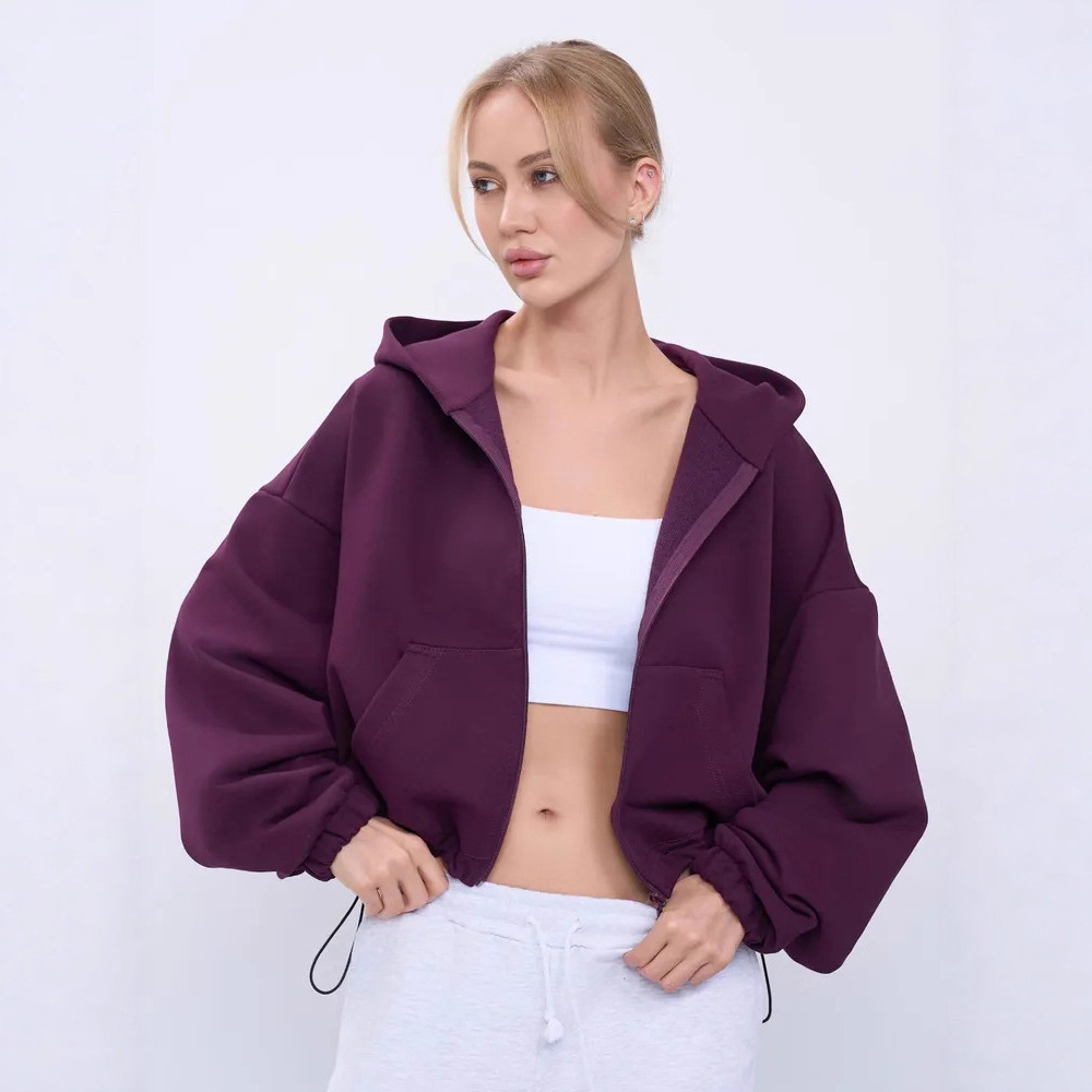 Women's Solid Color Hooded Zip-Up Waist-Cinched Cropped Jacket