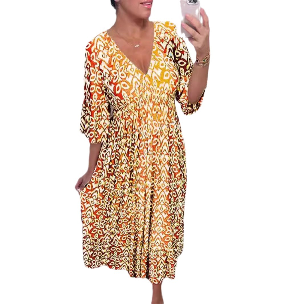 Women's Plus Size V-Neck Floral Print Midi Dress with Bell Sleeves