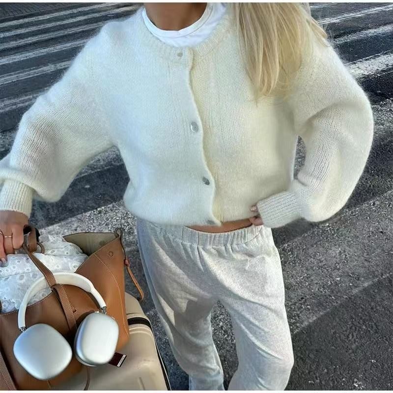 Women's Loose Knit Button-Front Cardigan Sweater Long Sleeve Crew Neck