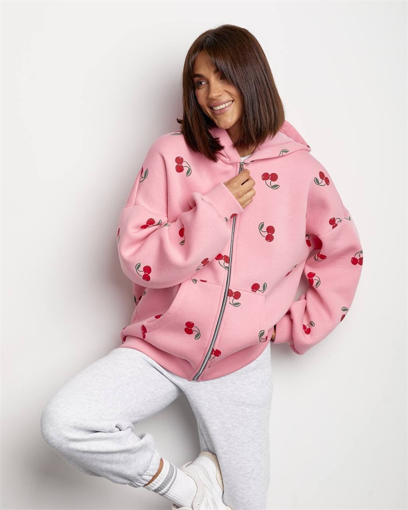 Cherry Print Hooded Zip-Up Sweatshirt Jacket