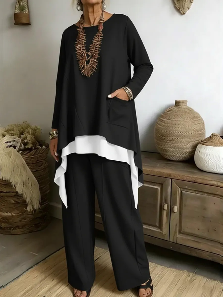 Women's Colorblock Long Hem 2-Piece Knit Sweater and Pants Set