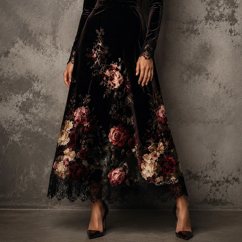 Black Floral Print Long Sleeve A-Line Maxi Dress with 3D Flowers