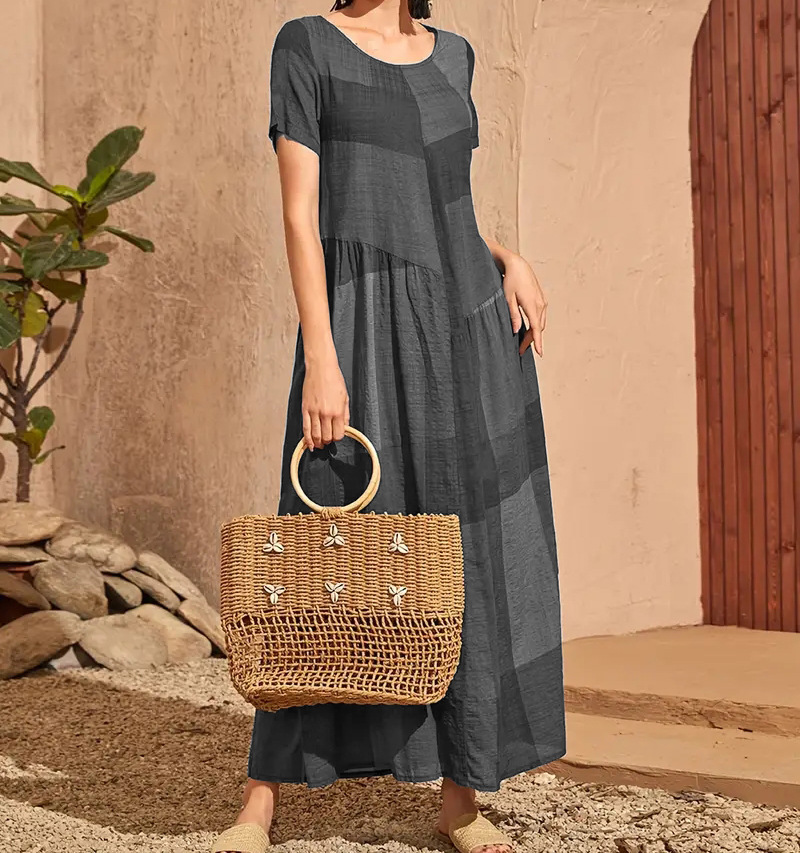 Retro Plaid Print Patchwork Loose Waist Long Dress