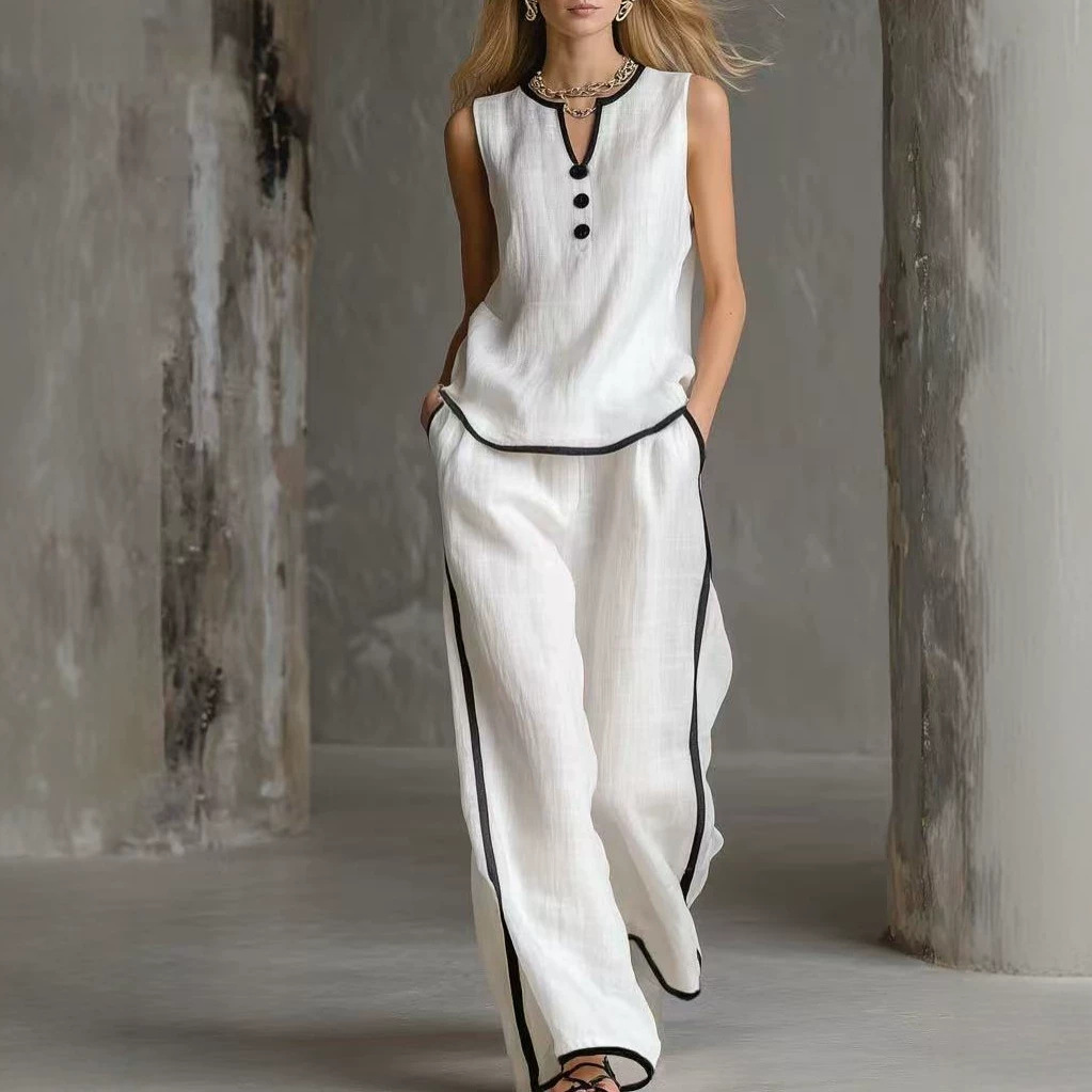 Sleeveless V-Neck Colorblock Wide-Leg Pant Set