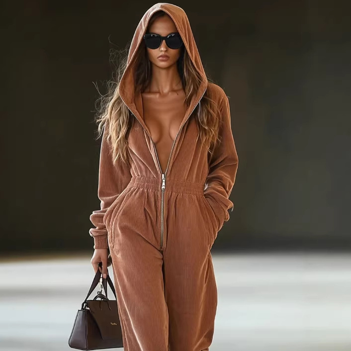 Casual Loose Vintage Solid Corduroy Zip Hooded Jumpsuit with Pockets