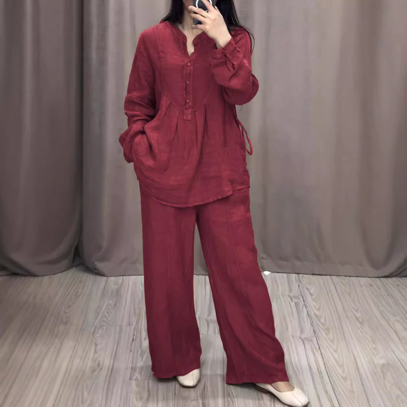Women's Cotton-Linen Long-Sleeve Half-Placket Pleated Wide-Leg Pants Set