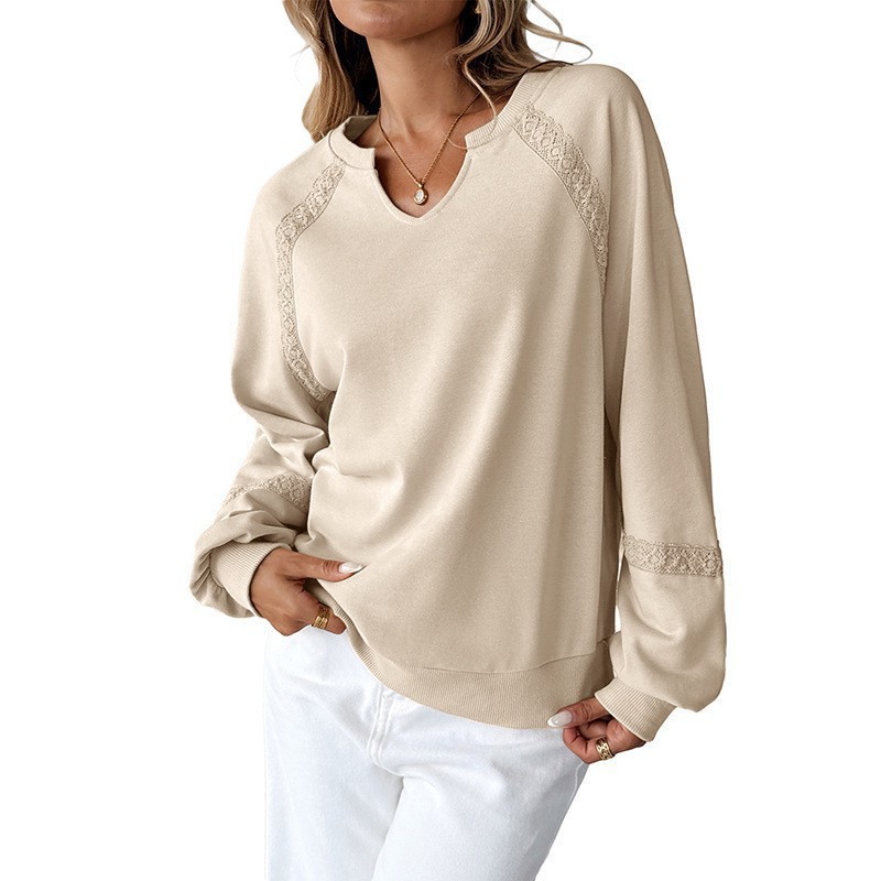 Solid Half-Open Collar Lace Trim Loose Long-Sleeve Sweatshirt
