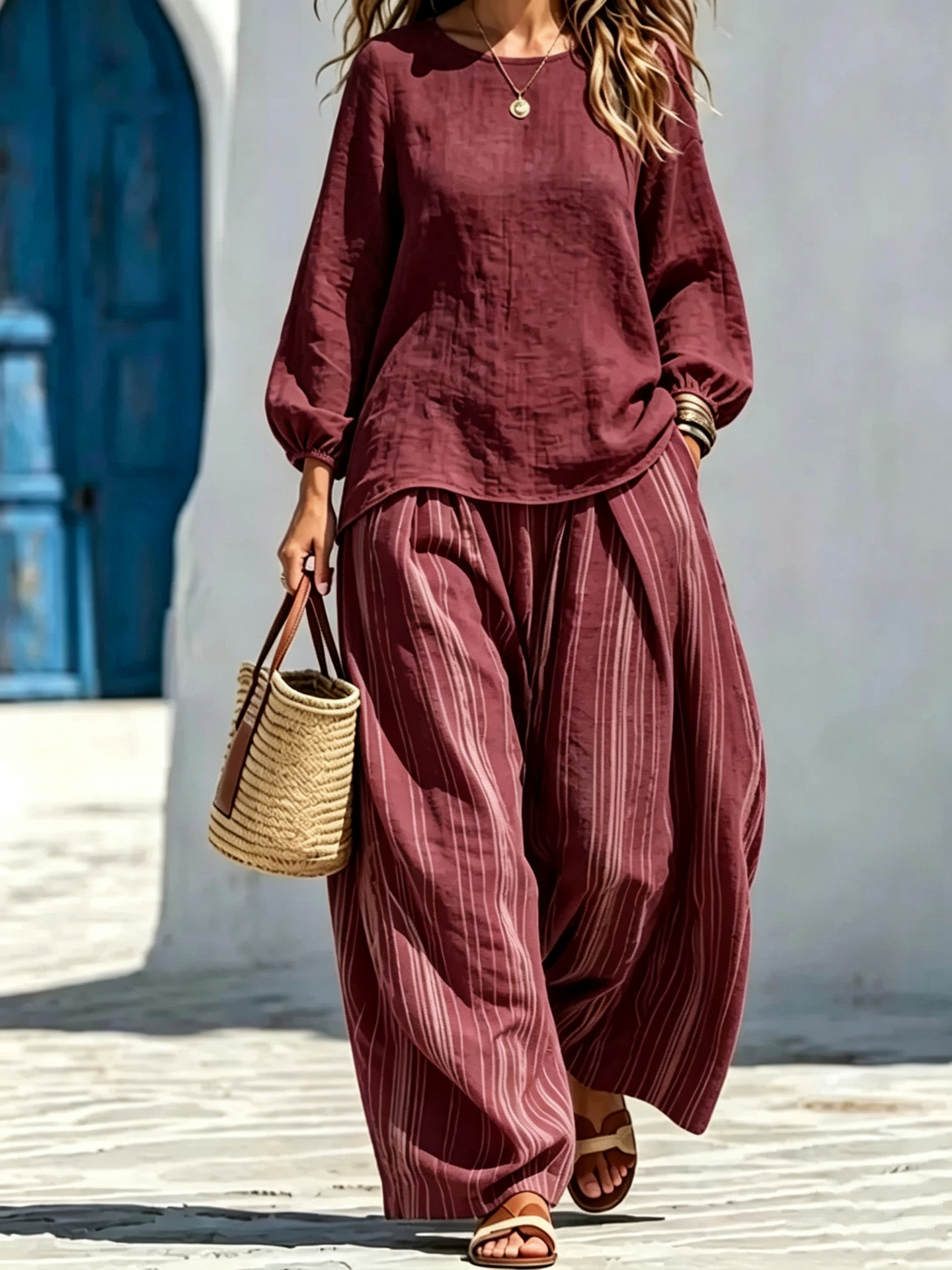 Women's Lantern Sleeve Top and Striped Wide-Leg Pants Set