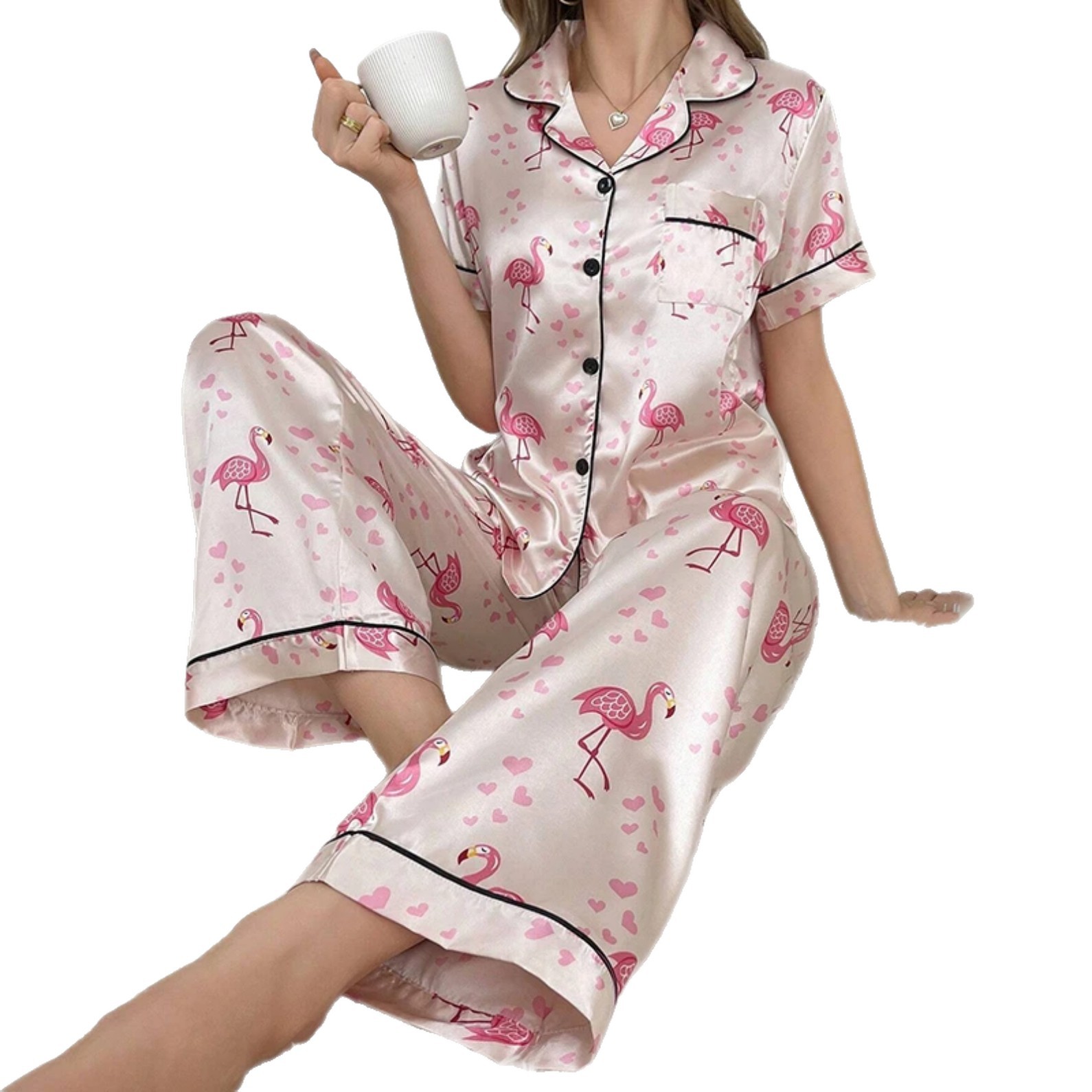 Cuban Collar Cute Animal Print Short Sleeve Pants Lounge Set for Women
