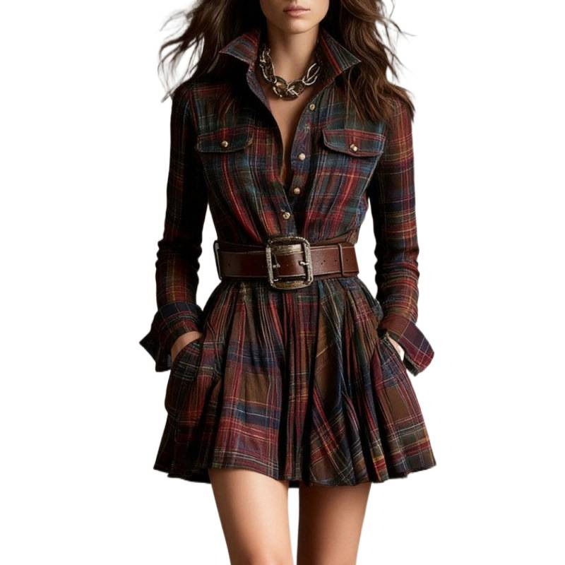 Women's Printed Shirt Dress with Pockets and Waist