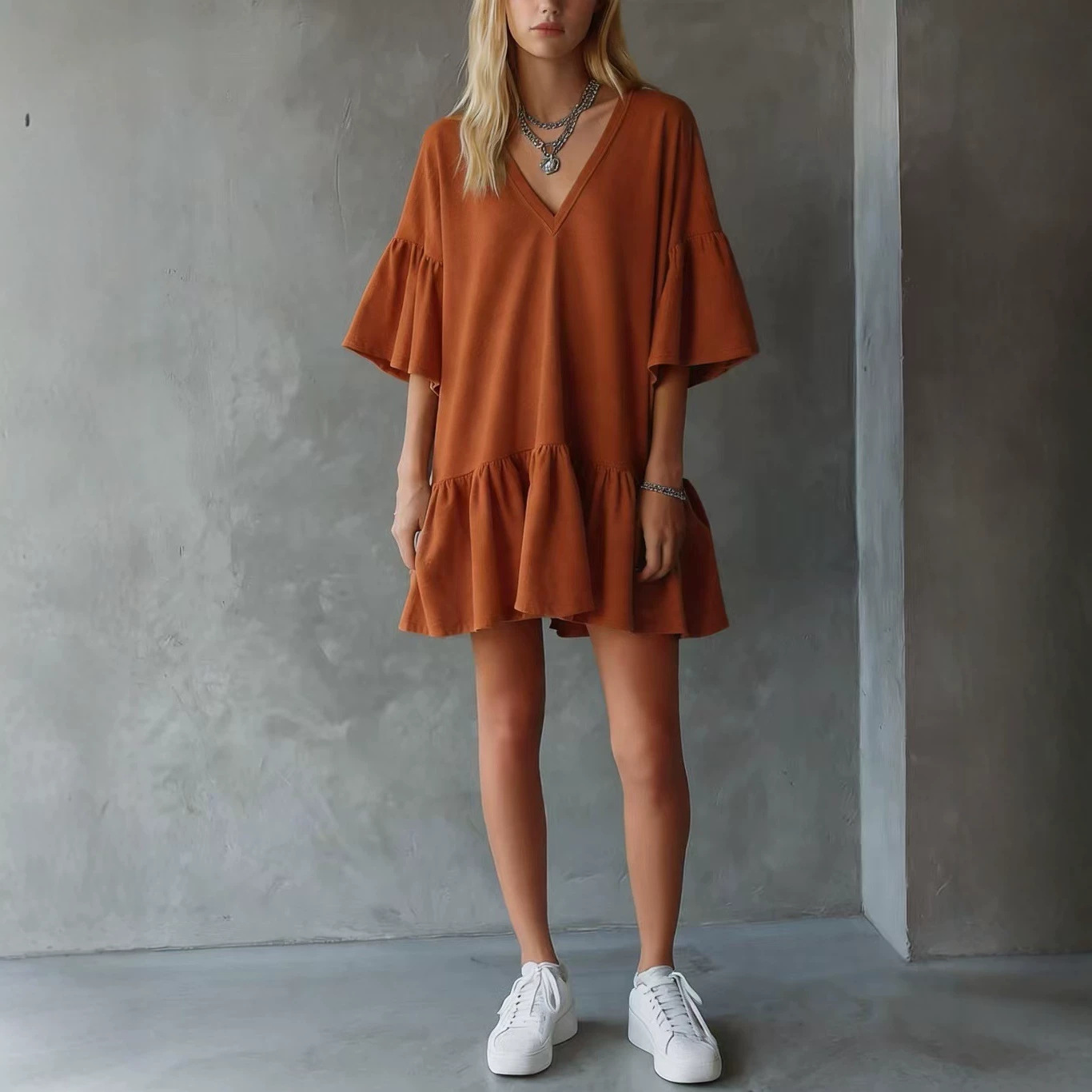 Women's Summer Ruffle V-Neck Solid Color Loose Short Dress