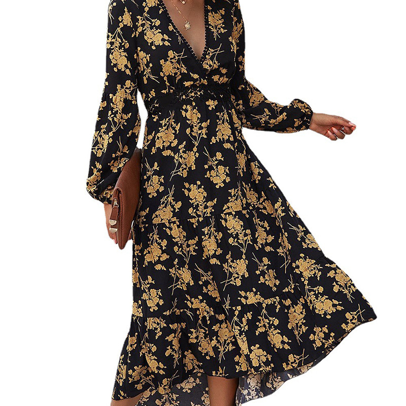 V-Neck Vintage Floral Midi Dress with Lace Trim